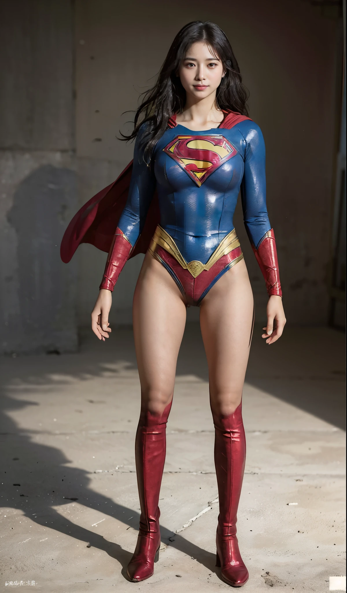 No background、(((Beautiful legs in black tights.)))、(((Legally express the beauty of your smile)))、((((Make the most of your original images)))、(((Supergirl Costume)))、(((Beautiful Hair)))、(((suffering)))、(((Please wear black tights....、Wear red boots)))、((Best image quality、8K))、((highest quality、8K、masterpiece:1.3))、(((Preserve background )))、Sharp focus:1.2、Beautiful woman with perfect figure:1.4、Thin abdominal muscles:1.2、Wet body:1.5、Highly detailed face and skin texture、8K