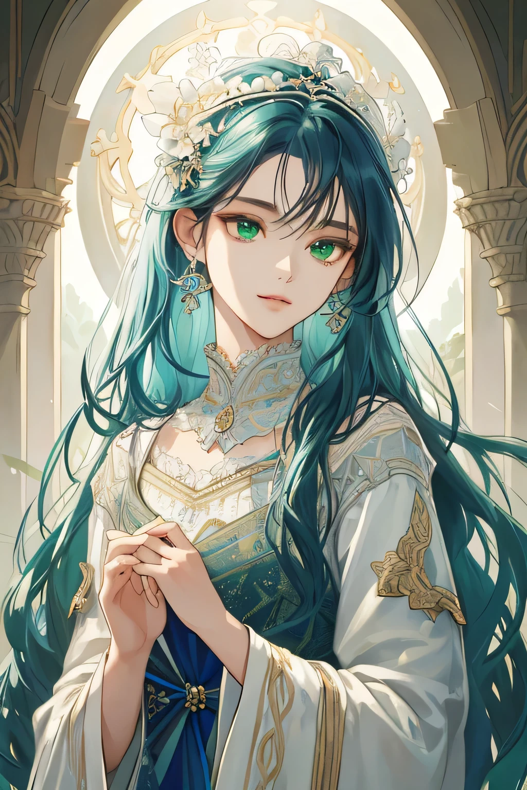 (extreamly delicate and beautiful:1.2), 8K,(masterpiece:1.0),(best_quality:1.0), 1 girl, and intricate detailing, Enlarged textures, and intricate detailing, finely eye and detailed face, and intricate detailing, shiraga, oranye long hair, (closed mouths), Perfect eyes, Equal eyes, green eyes (A famale god) with (masterpiece), best quality, with blue yunani dress