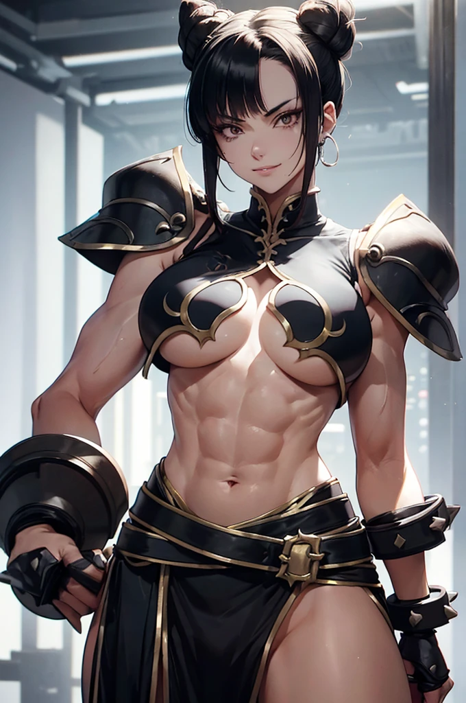fitness,mulher jovem,short black hair , badass , full ancient armor,coxas torneadas,Evil Smile,juri han,chifres de cabelo,detalhes do corpo,low yellow lighting,raios de luz