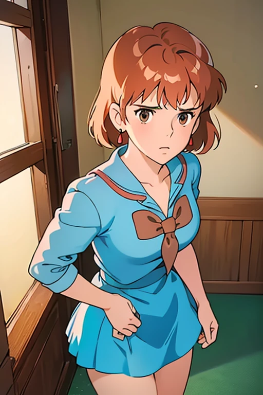 (masterpiece, highest quality, High resolution, Anime screenshots, Anime Color, 8k, Realistic), High School Girl Nausicaa, very cute, Sad expression, beautiful girl, clear, Baby Face, alone, Brown Hair, short hair, Red Gem Earrings, Loneliness, Secret Feelings, (Looking at the audience), Cleavage, (High School Girl Uniform, mini skirt), Perfect beauty, School classroom, (Perfectly detailed anatomy, Beautiful and elaborate face&eye:1.5, Shiny skin, Perfect body)、White underwear、I want to see the whole body