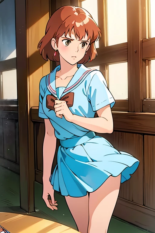 (masterpiece, highest quality, High resolution, Anime screenshots, Anime Color, 8k, Realistic), High School Girl Nausicaa, very cute, Sad expression, beautiful girl, clear, , alone, Brown Hair, short hair, Red Gem Earrings, Loneliness, Secret Feelings, (Looking at the audience), Cleavage, (High School Girl Uniform, mini skirt), Perfect beauty, School classroom, (Perfectly detailed anatomy, Beautiful and elaborate face&eye:1.5, Shiny skin, Perfect body)、White underwear、I want to see the whole body