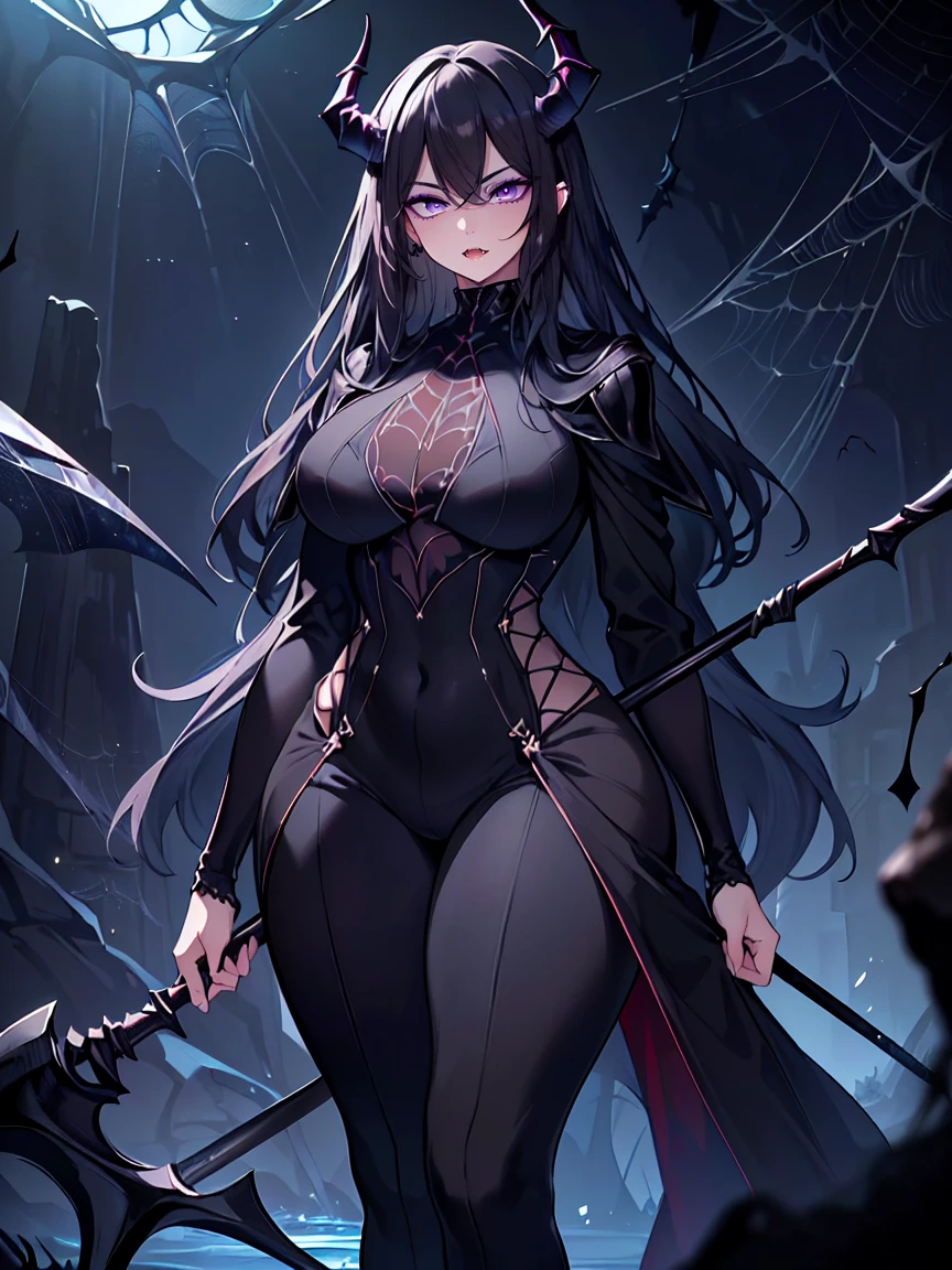 (Uhd, Masterpiece, Textured Skin, Super Detail, High Details, High Quality, Best Quality), Detailed Face, 1woman, mature pretty woman, ((wide hips, thick thighs)), ((Long Dark Blue eyes hair)), ((Black Sexy Rpg dress), (Pants), (Spider, Web, Silk), Thin Horns, (standing, inside a dark cave full of cobwebs), (Holding a Scythe)