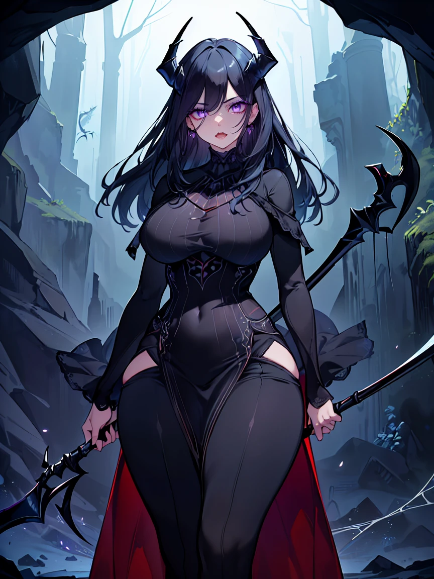 (Uhd, Masterpiece, Textured Skin, Super Detail, High Details, High Quality, Best Quality), Detailed Face, 1woman, mature pretty woman, ((wide hips, thick thighs)), ((Long Dark Blue eyes hair)), ((Black Sexy Rpg dress), (Pants), (Spider, Web, Silk), Thin Horns, (standing, inside a dark cave full of cobwebs), (Holding a Scythe)