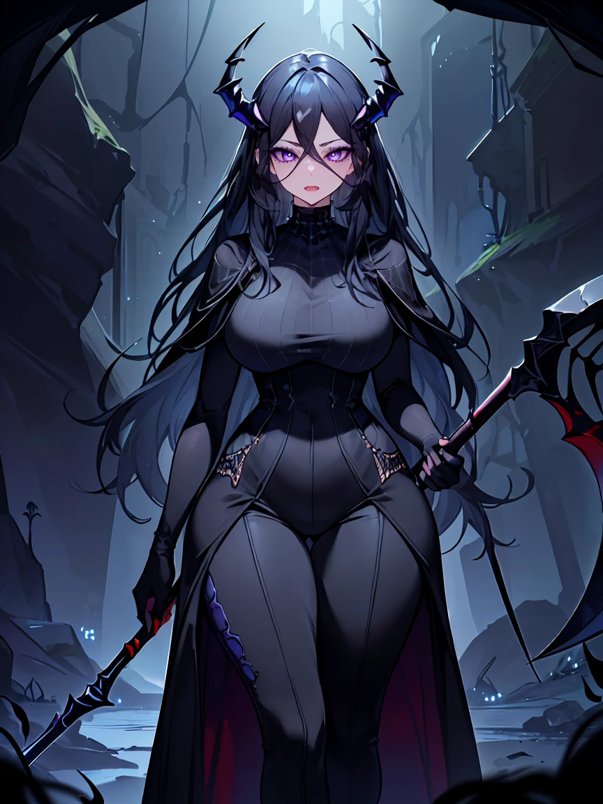 (Uhd, Masterpiece, Textured Skin, Super Detail, High Details, High Quality, Best Quality), Detailed Face, 1woman, mature pretty woman, ((wide hips, thick thighs)), ((Long Dark Blue eyes hair)), ((Black Sexy Rpg dress), (Pants), (Spider, Web, Silk), Thin Horns, (standing, inside a dark cave full of cobwebs), (Holding a Scythe)