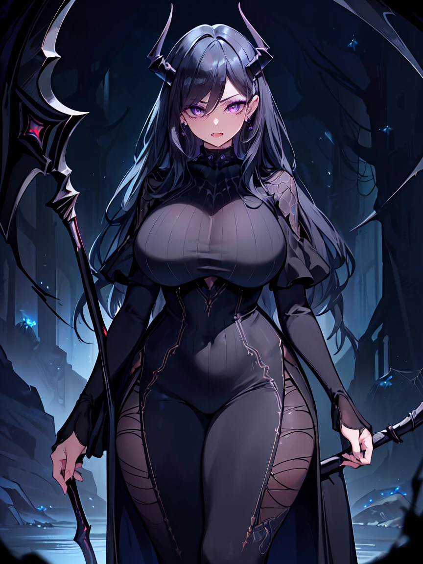 (Uhd, Masterpiece, Textured Skin, Super Detail, High Details, High Quality, Best Quality), Detailed Face, 1woman, mature pretty woman, ((wide hips, thick thighs)), ((Long Dark Blue eyes hair)), ((Black Sexy Rpg dress), (Pants), (Spider, Web, Silk), Thin Horns, (standing, inside a dark cave full of cobwebs), (Holding a Scythe)