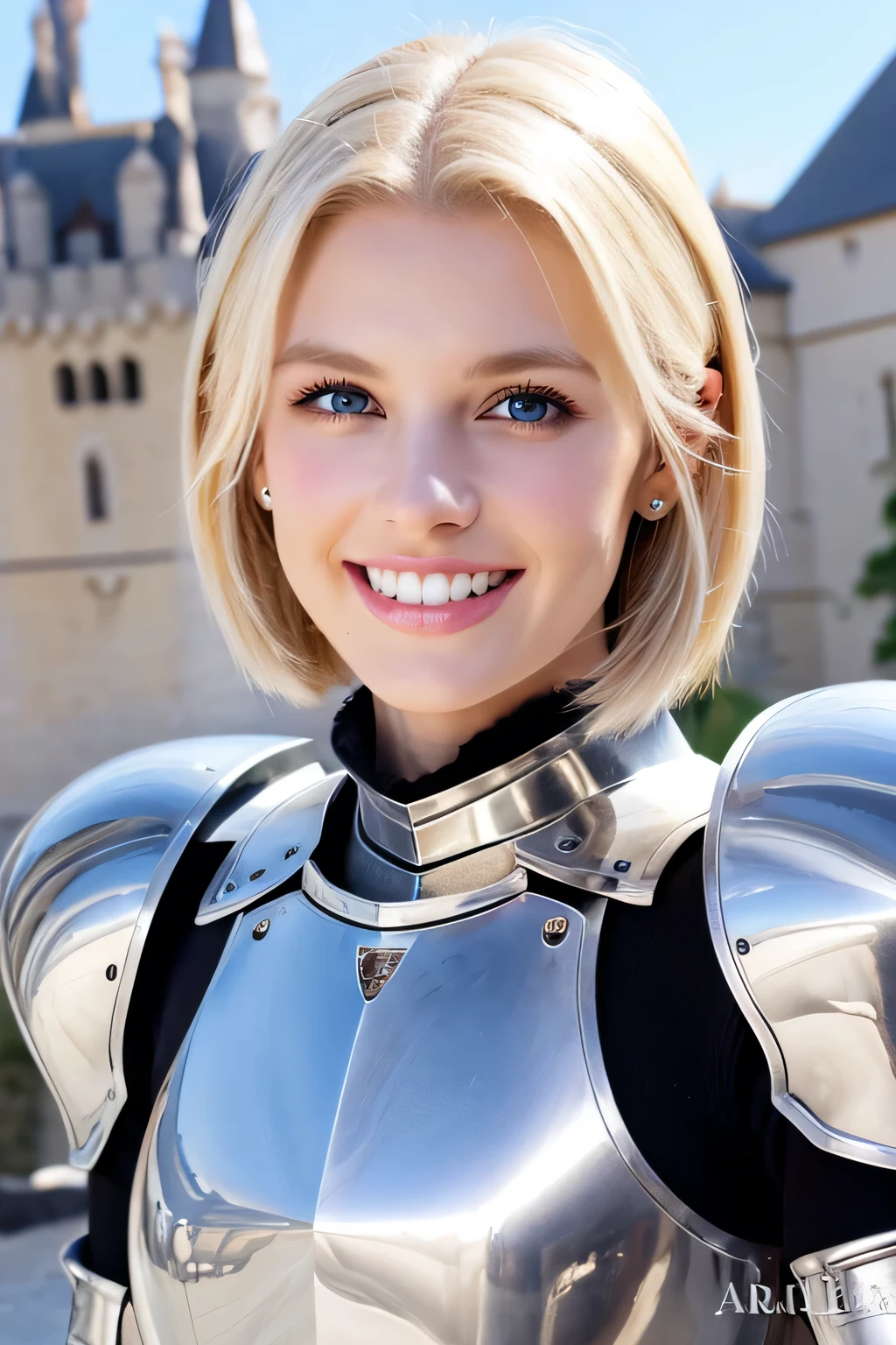 ８Ｋ、highest quality、female knight、Luxurious Silver Armor、、hairstyle short cut、smile、Beautiful Teeth、Full body photo、ear piercing、blonde、White woman、blue eyes、Heavy makeup、The background is inside the castle

