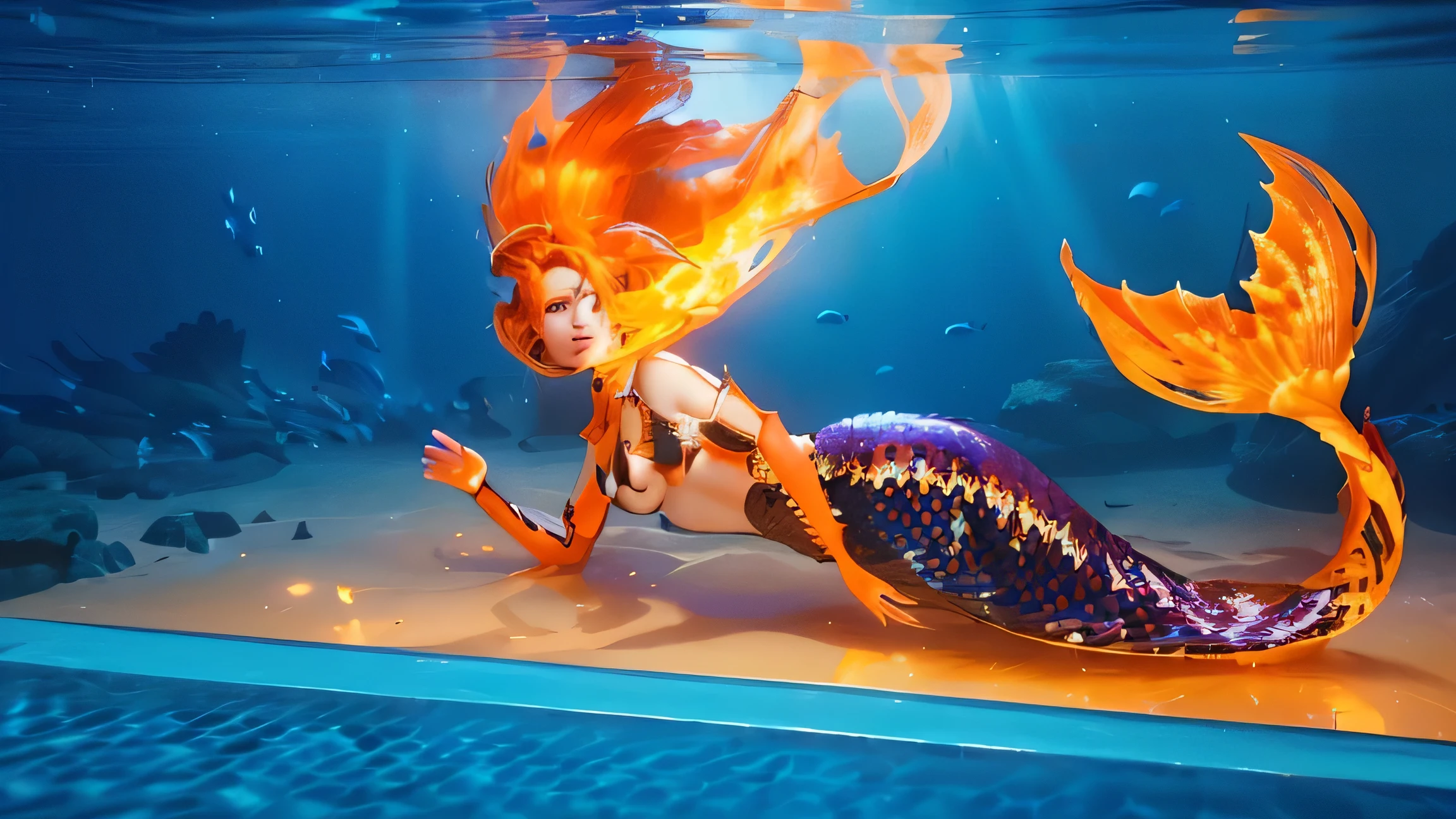 ember mermaid in a tank with a fish tail and a fish tail, as sea mermaid, game cg, splashcreen character art, stylized digital illustration, animated movie still, 3 d animated movie, animated film, cg art, in goldfish armor, siren, stylized digital art, nami, cg artist, closeup shot, fire!! full body, her hair is on fire, fireball lighting her face, firey, wearing tumultus flames, the background black, 4k, rim light, high resolution, 4k, smooth 3d model, multiple light sources, perfect cgi, cgi art created only with gradients, smooth silhouette, high intensity refraction, (super glossy chrome material), most beautiful vfx, blue background, in 4k resolution, allowing viewers to immerse themselves in the richness of the colors and intricate details. The realistic rendering. under the sunlight, reflecting, high-resolution image, realistic rendering, dark background, and rim light photorealistic