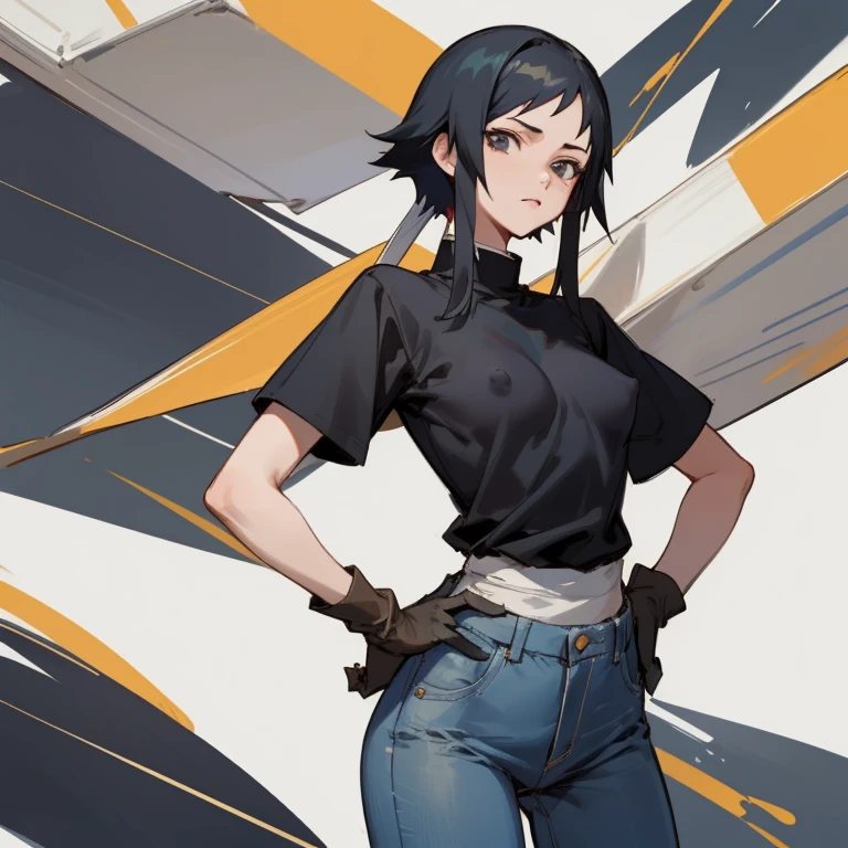 ((highest quality)), ((masterpiece)), (Familiar),  bleach,Diversity of backgrounds, 1 girl, alone,  Erect nipples, Black Hair,Slanted Eyes, Black clothes,Black Shirt,jeans, thin,thin,short hair with long locks, short hair, Small breasts, gloves, Hands on hips