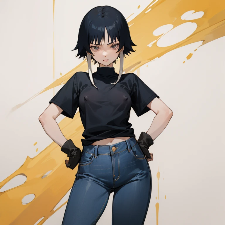 ((highest quality)), ((masterpiece)), (Familiar),  bleach,Diversity of backgrounds, 1 girl, alone,  Erect nipples, Black Hair,Slanted Eyes, Black clothes,Black Shirt,jeans, thin,thin,short hair with long locks, short hair, Small breasts, gloves, Hands on hips