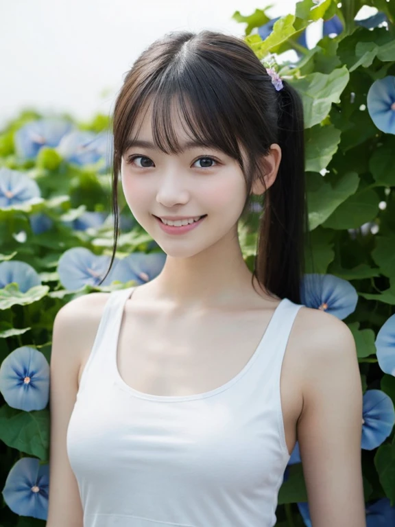 (Close up portrait of girl with slender small breasts with twin-tailed hair in white tank top:1.5)、(Smiling girl looking at morning glory flowers:1.5)、(Blue Sky Park:1.3)、(tre anatomically correct:1.3)、(complete hands:1.3)、(complete fingers:1.3)、Photorealsitic、Raw photography、masutepiece、top-quality、Hi-Res、delicate and pretty、face perfect、Beautiful detailed eyes、Fair skin、Real Human Skin、pores、((thin legs))、(Dark hair)