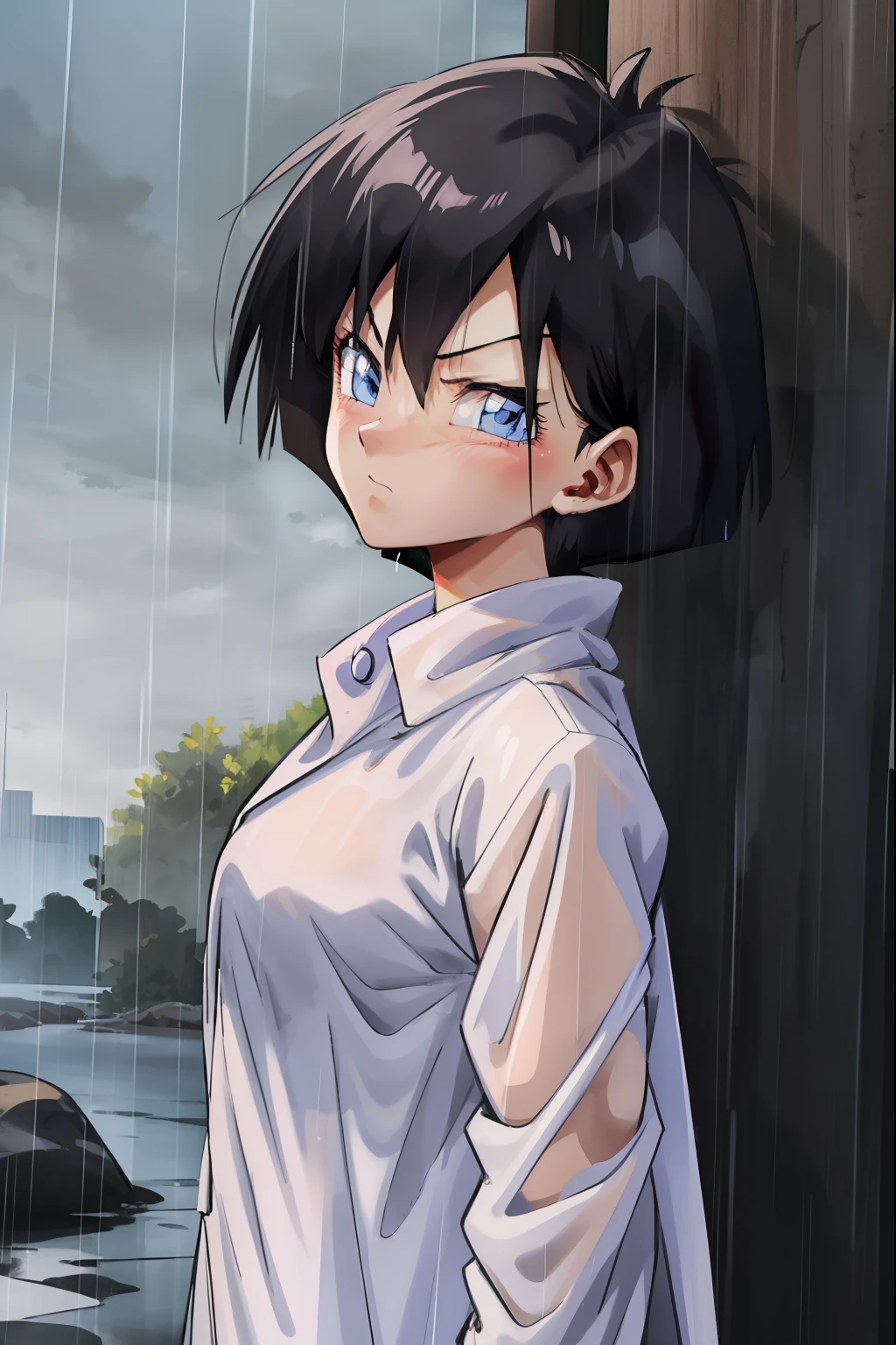 Videl,Long raincoat,Black Raincoat,California city,blush,Serious face,blue eyes,rain,fog