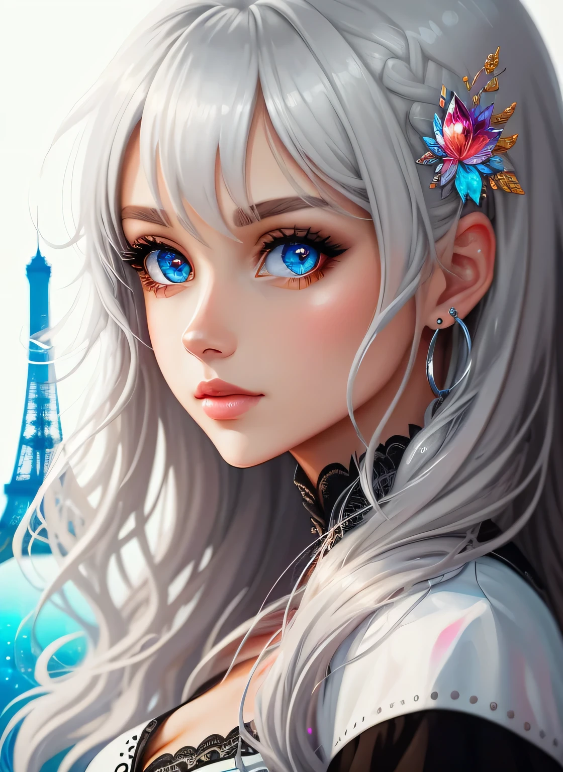 ((Best Quality)), ((Masterpiece)), (Real)), (Detail),Anime Style, (1 woman) full body of a silver-haired pretty woman, beautifully shining eyes like crystal clear glass, Paris, Eiffel Tower,4K high-definition digital art, stunning digital illustrations, stunning 8K artwork, colorful digital fantasy art, colorful and bright, beautiful digital artwork, colorful digital painting, digital anime art, portrait of beautiful and pretty woman, 8k hd digital wallpaper art, digital painting