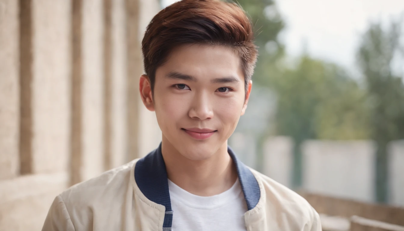 A young asian man , with white cap , beige t-shirt, long sleeve striped jacket, blue janes,drop fade cut hair, smile face, reflect eyes, face to viewer, upper body , portraits mode, watch in right hand, outdoor, country house, at construction site, natural day light, 4k resolution , realistic photo,