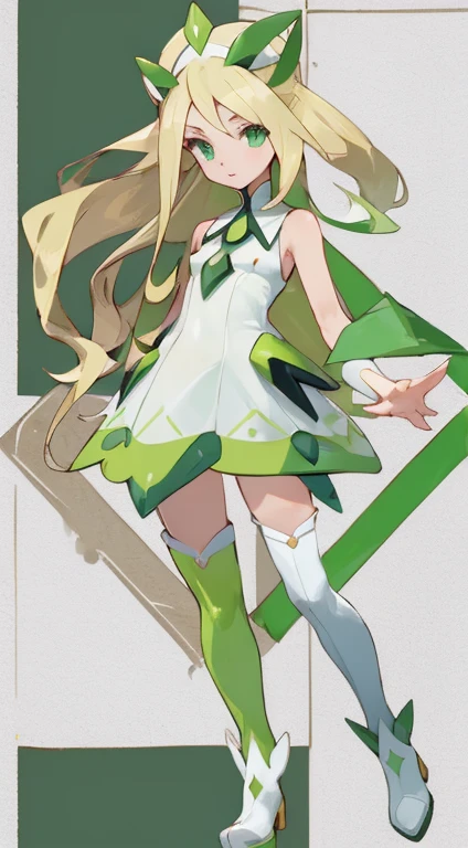 ((highest quality)), ((masterpiece)), (Familiar), Perfect Face,{Browsing Caution},Ramping,Long blonde hair,Small breasts,Pointed nipples,Adult female,Green Eyes,Pokemon-like,White Sleeveless Dress,Knee-high boots,Green Pendant,Fascinating