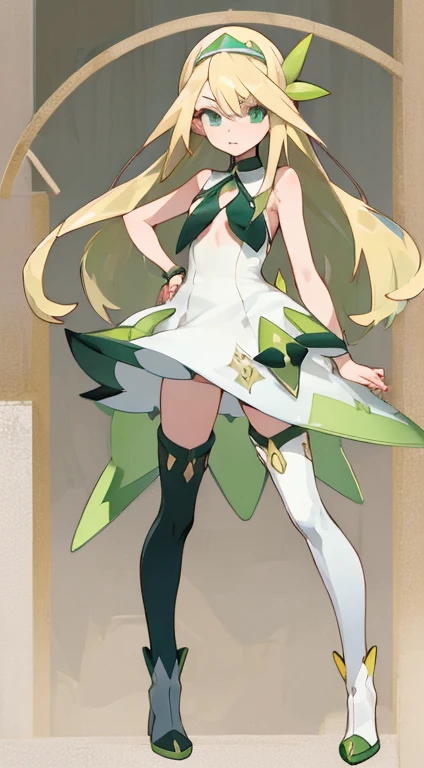 can you create an image of my oc is a woman who has long blonde hair with a green streak green eyes and a green suit rabbit ears and full body legs in hasdin hostel style