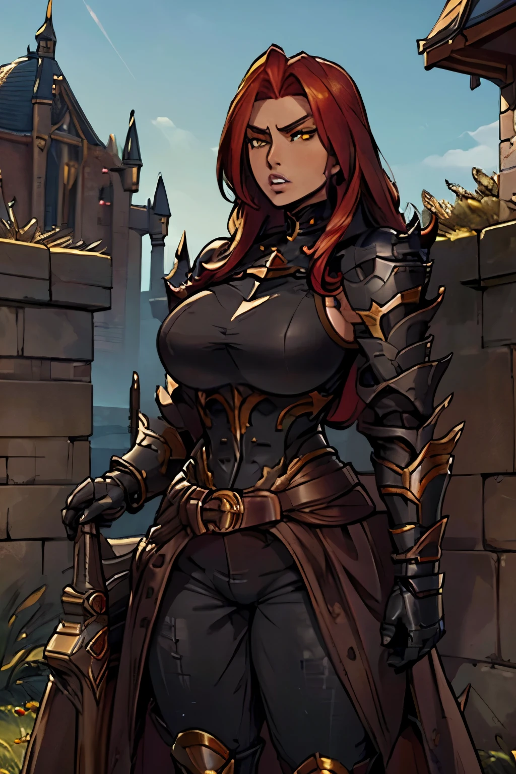 Masterpiece, detailed eyes, slender, yellow eyes, tan skin, giant breasts (0.9), long hair, red hair, full lips, heavy black knight armour, golden sword,  gbfBK, armor, shoulder armor, gauntlets, black pants, armored boots