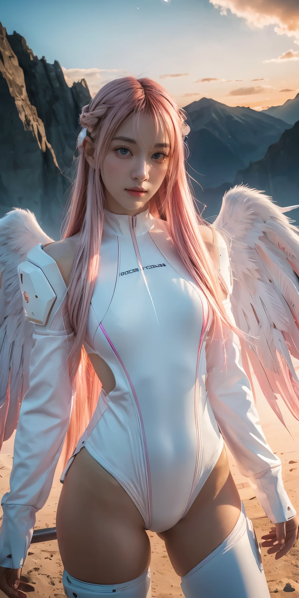 ((masterpiece, best quality, extremely detailed), volumetric lighting, ambient occlusion, colorful, glowing), 
1girl, solo, young girl, (pink hair), long hair, halo, aura, sacred, godness, cyber suit, (white outfit:1.3), android, bot, angel wings,
outdoors, sunset, sky, clouds, space, (cyberpunk theme:1.2),