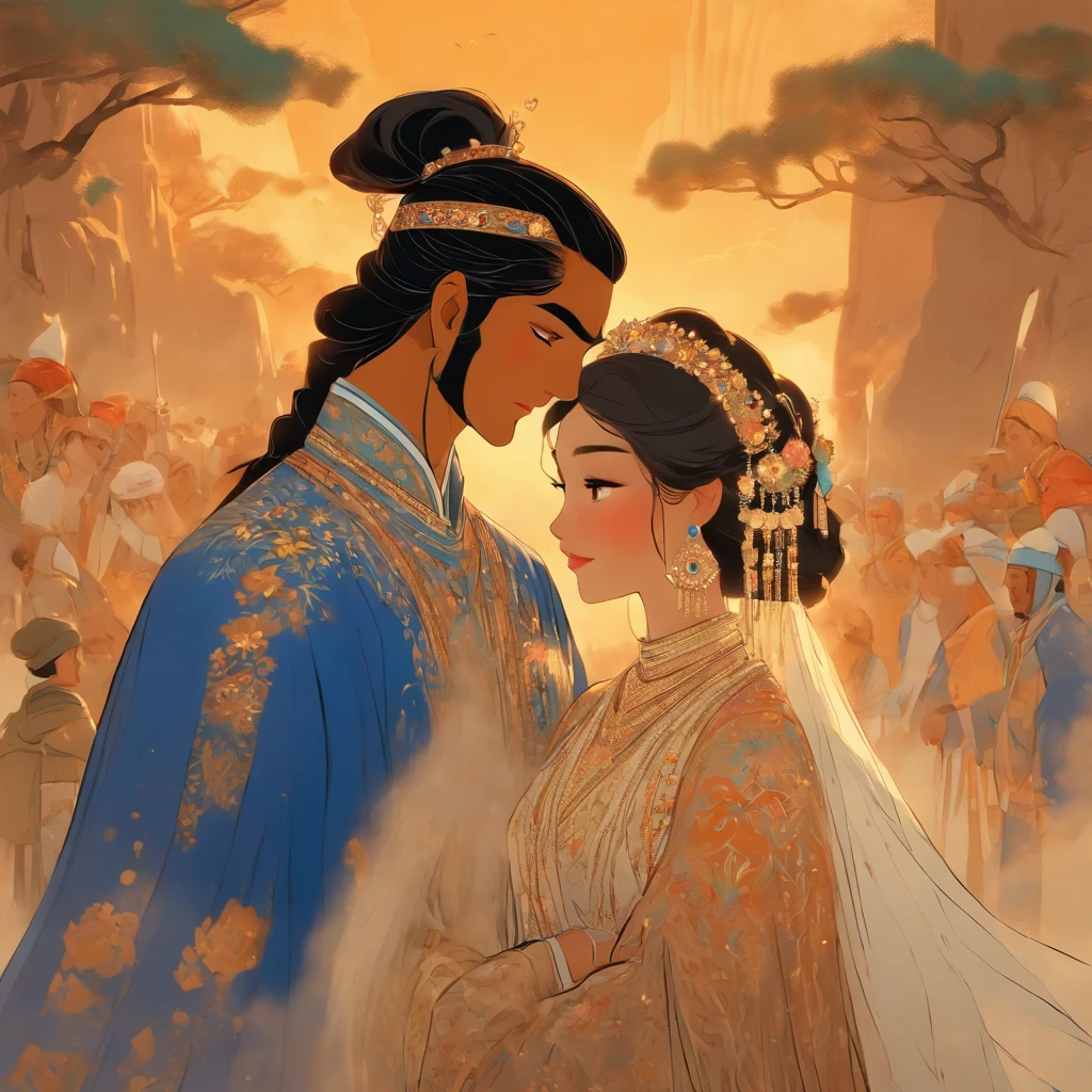 An intimate encounter between a man and a woman unfolds in a heartwarming and enchanting scene.。The stage is、The steppes of medieval Central Asia。The banks of the Ili River sparkling in sunlight。Fantastic and majestic continental scenery。Ethnic、Creates a romantic atmosphere。 They stand facing each other,。their heights are different from each other。 emphasizes their unique physical characteristics。 That man is his height,Has dark hair that frames his striking face。The man is the crown prince of the Turku nomadic empire in the steppes.。The man was wearing an ultramarine costume.、It is decorated with intricate golden embroidery.。Women are ordinary people of the Taklamakan Desert oasis, wearing Uighur national dress.。The woman is delicate and .。Her flowing, light-colored hair shows off her radiant beauty.。Their lips meet in a passionate kiss。 their pure love、Emphasis is placed on transcending class and culture.。 This magical moment captures the essence of their love。Evokes a sense of sweetness and seduction。symbolism、((Highly detailed CG unity 8k wallpaper))Impressionism、romantic、Persian miniature、The Romance of the Silk Road、Reminiscent of the style of Alma Tadema and Gustave Moreau、delicate、beautiful、It has an exotic, luxurious and profound charm.。digital art。。digital art。