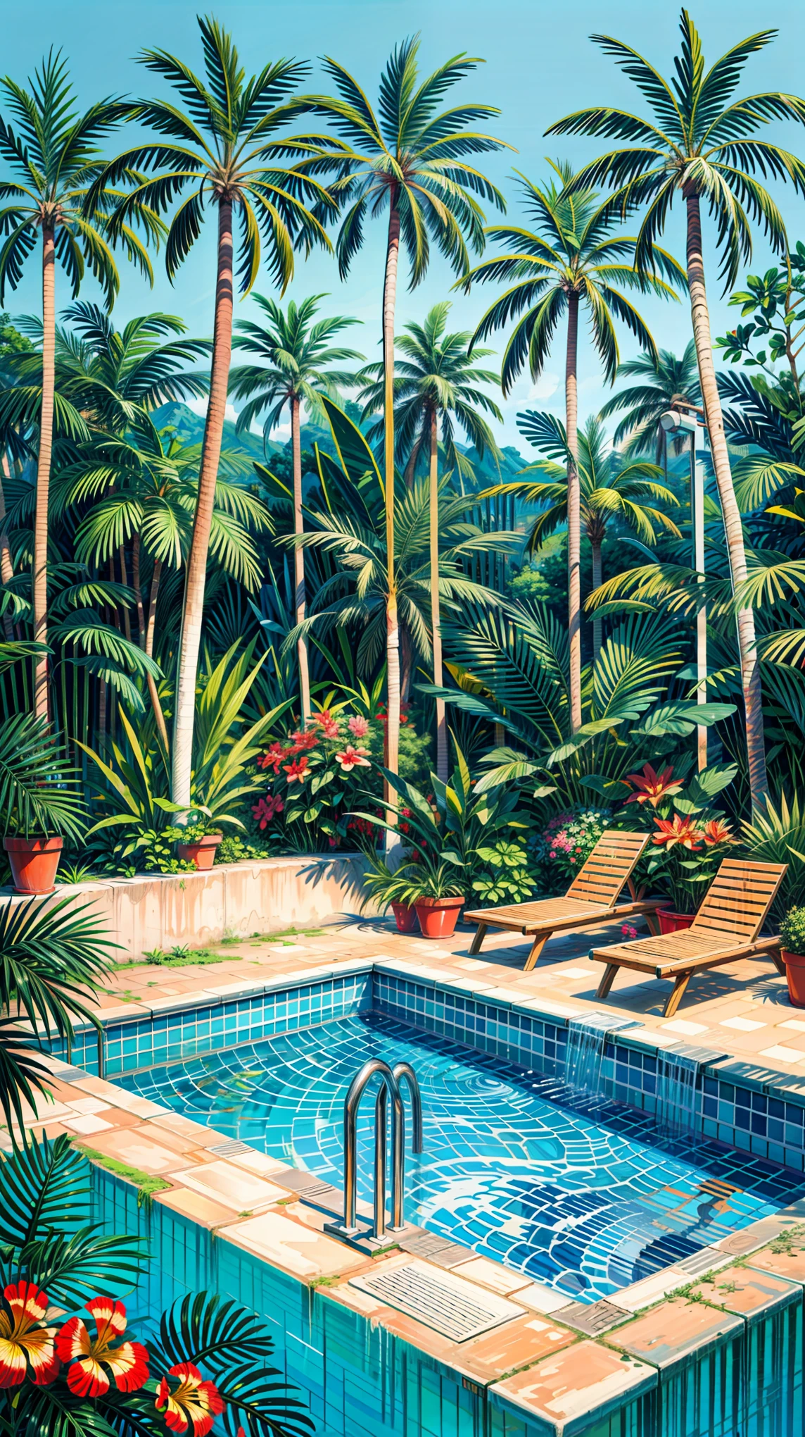 a painting of a swimming pool surrounded by palm trees, by Howard Arkley, by Hiroshi Nagai, by Edward Okuń, by John Wonnacott, by David Hockney, tropicalism, very detailed paradise, tropical setting, shusei nagaoka, hot and sunny highly-detailed, inspired by Howard Arkley, by Bob Thompson, tropical pool, 4k hd, beautiful art uhd 4 k, a beautiful artwork illustration, beautiful digital painting, highly detailed digital painting, beautiful digital artwork, detailed painting 4 k, very detailed digital painting, rich picturesque colors, gorgeous digital painting