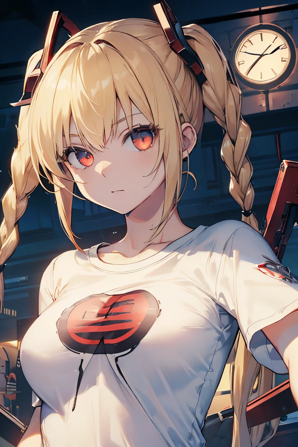 Optimal，masterpiece，High resolution，highest quality，Hyper HD，Very detailed，Award-winning，16k，alone，（Upper Body），Correct Anatomy，Beautiful Cyberpunk Girl，Upper Bodyの写真、Cute face，，blonde、Long Hair、Twin tails、Braid, Hairline，（（Scarlet Eyes）），Long eyelashes，Drooping eyelids，White skin，((Shoot from the front:1.5)), ((Tight T-shirt:1.5)), Clock Top、rocket , (Large Breasts),