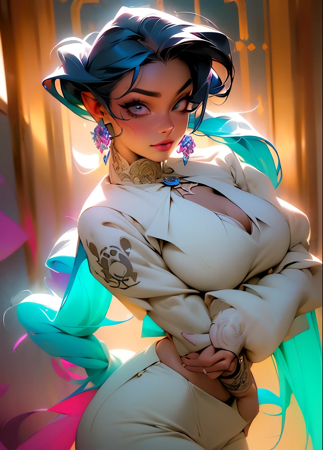 ((melhor qualidade)), ((obra de arte)), ((realista)), (detalhado) 1ghotic garota com cabelo fluido, derretido, sensual, roupas de renda, tatuagens, many skulls, mandalas, cinematic, afiado, Rastreamento de raio, brilho, luminosidade