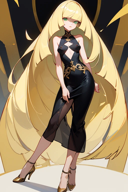 ((highest quality)), ((masterpiece)), (Familiar), Lusamine,thin,thin,Long blonde hair,Small breasts,Erect nipples,Adult female,Green Eyes,Slanted Eyes,Sleeveless dress,Black Dress,Gold embroidery,Long skirt,High heels,Fascinating