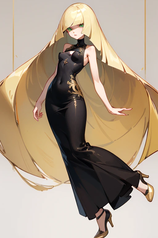 ((Highest quality)), ((masterpiece)), (Familiar), Lusamine,thin,Uterus tattoo,Long blonde hair,Small breasts,Erect nipples,Adult female,Green Eyes,Slanted Eyes,Sleeveless dress,Black Dress,Gold embroidery,Long skirt,High heels,Fascinating