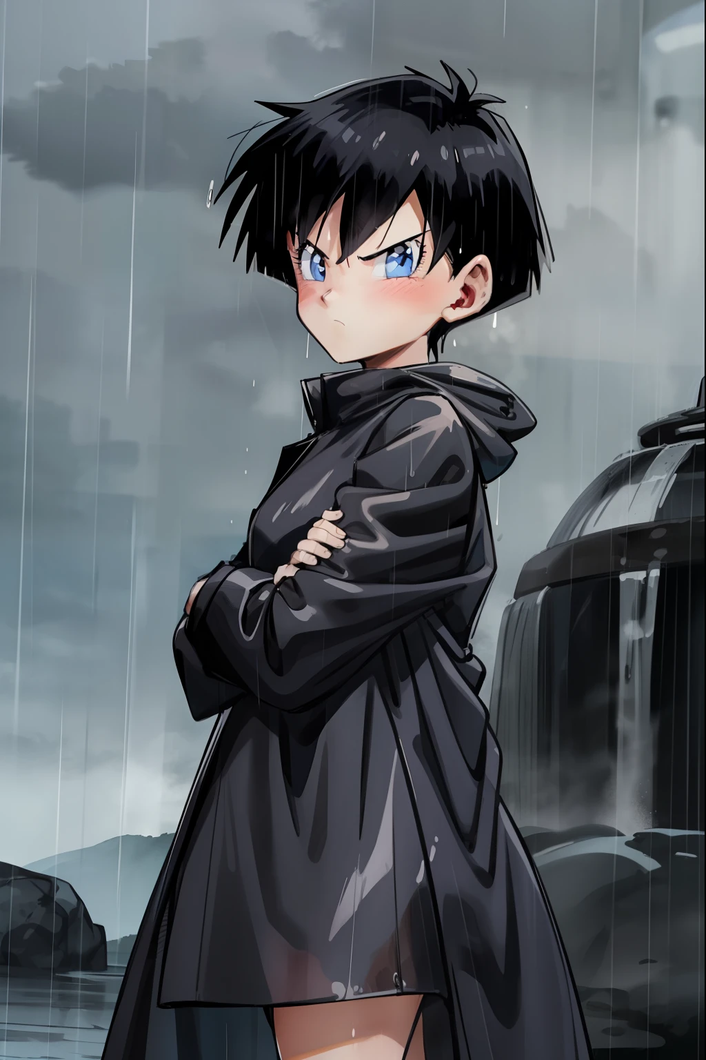 Videl,Long raincoat,Black Raincoat,California city,blush,Wet,Serious face,blue eyes,rain,fog,front