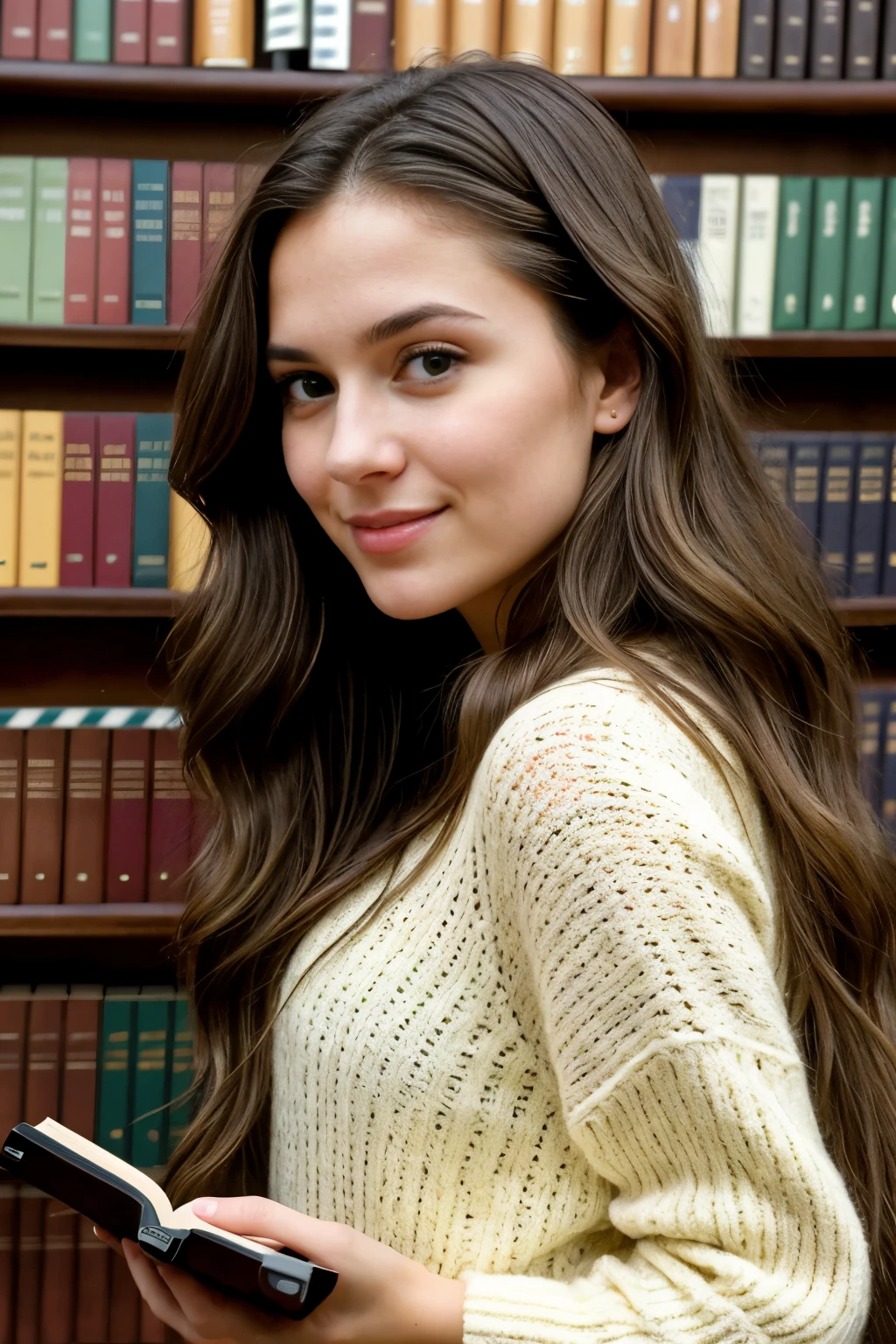 A young woman with long, wavy brown hair and bright green eyes, takes a selfie in front of a digital library filled with books in 4k high definition. The library's shelves stretch high above her, casting warm, voluminous lighting on her face. Her casual outfit complements the cozy atmosphere of the library, making for a truly cinematic, high-quality image. The focus is sharp, and the details are intricately rendered, bringing the scene to life in a realistic and captivating way. (Format: Dramatic, (mais alta qualidade:1.5), ((cinematic:1.5)), digital library, 4k resolution, young woman, long