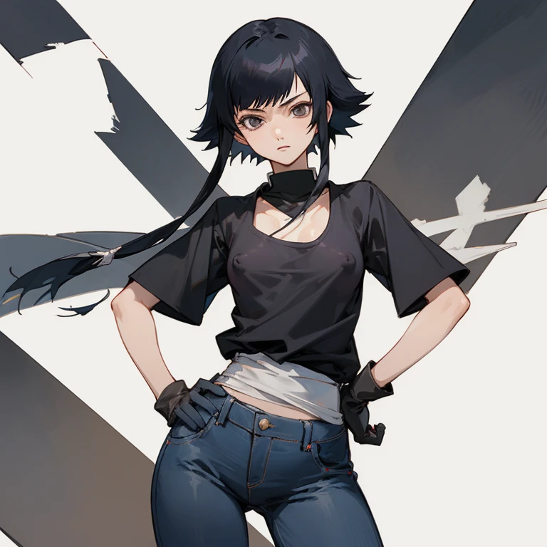 ((highest quality)), ((masterpiece)), (Familiar),  BLEACH,Soi Fon, 1 girl, alone,  Erect nipples, Black Hair,Slanted Eyes, Black clothes,Black Shirt,jeans, thin,thin,short hair with long locks, short hair, Small breasts, gloves, Hands on hips