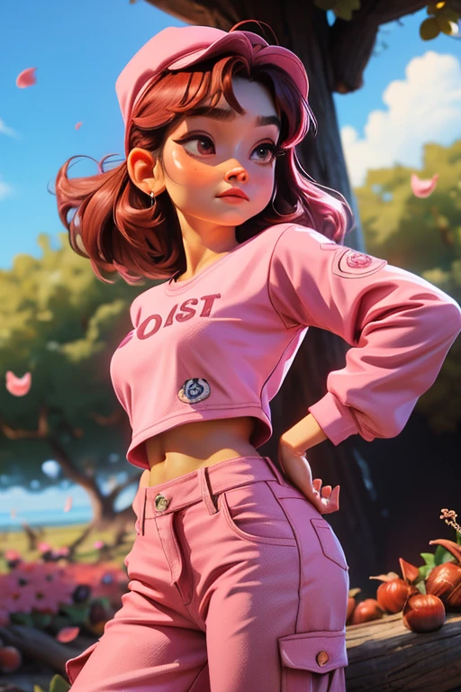 18 years, By the chestnut, ojos rosados, linda pose, D.Y, pantalones cortos muy cortos, top corto