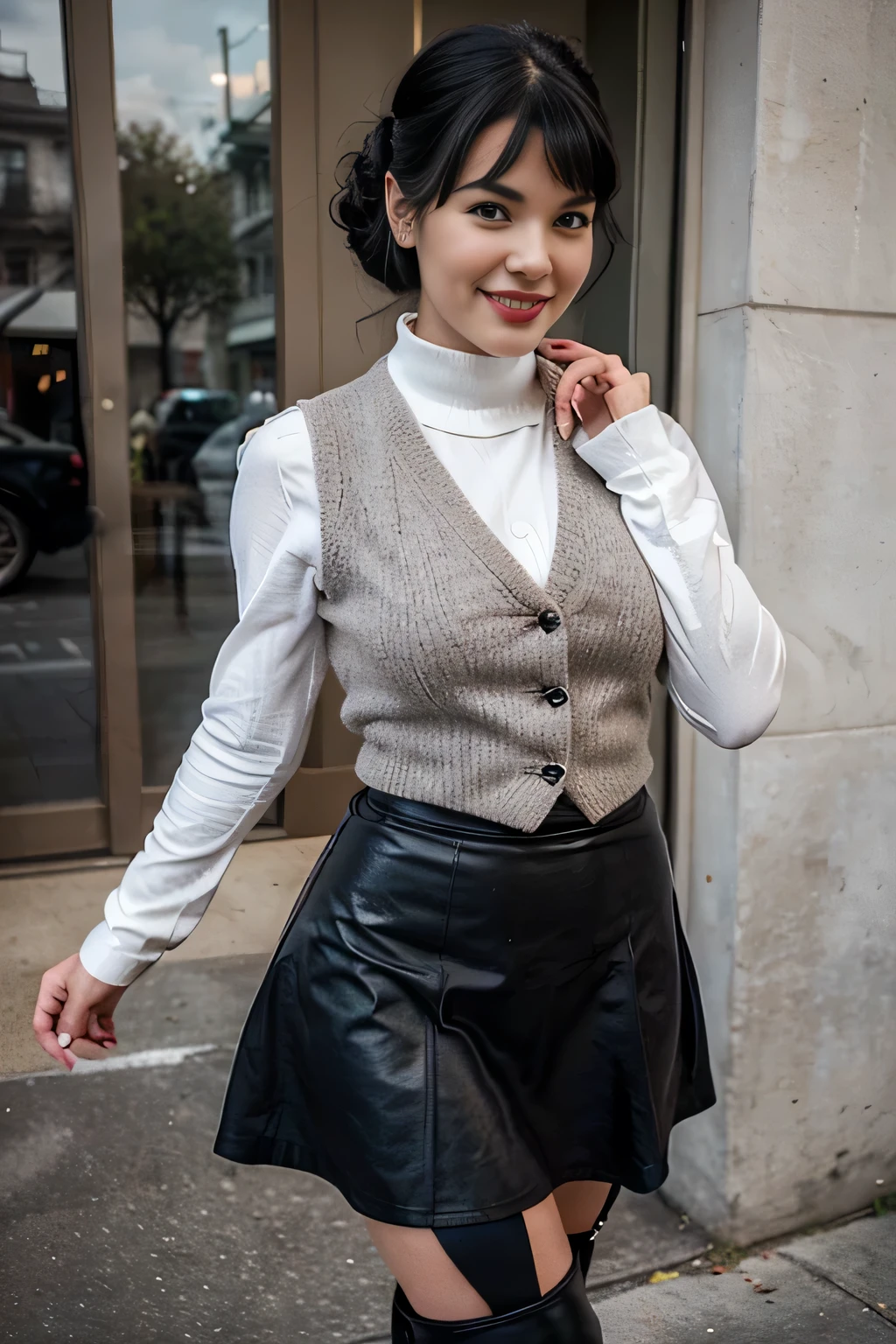 beautiful girl that looks like Bettie page, smile, updo, wearing a skirt, high boots, and a long woolen vest