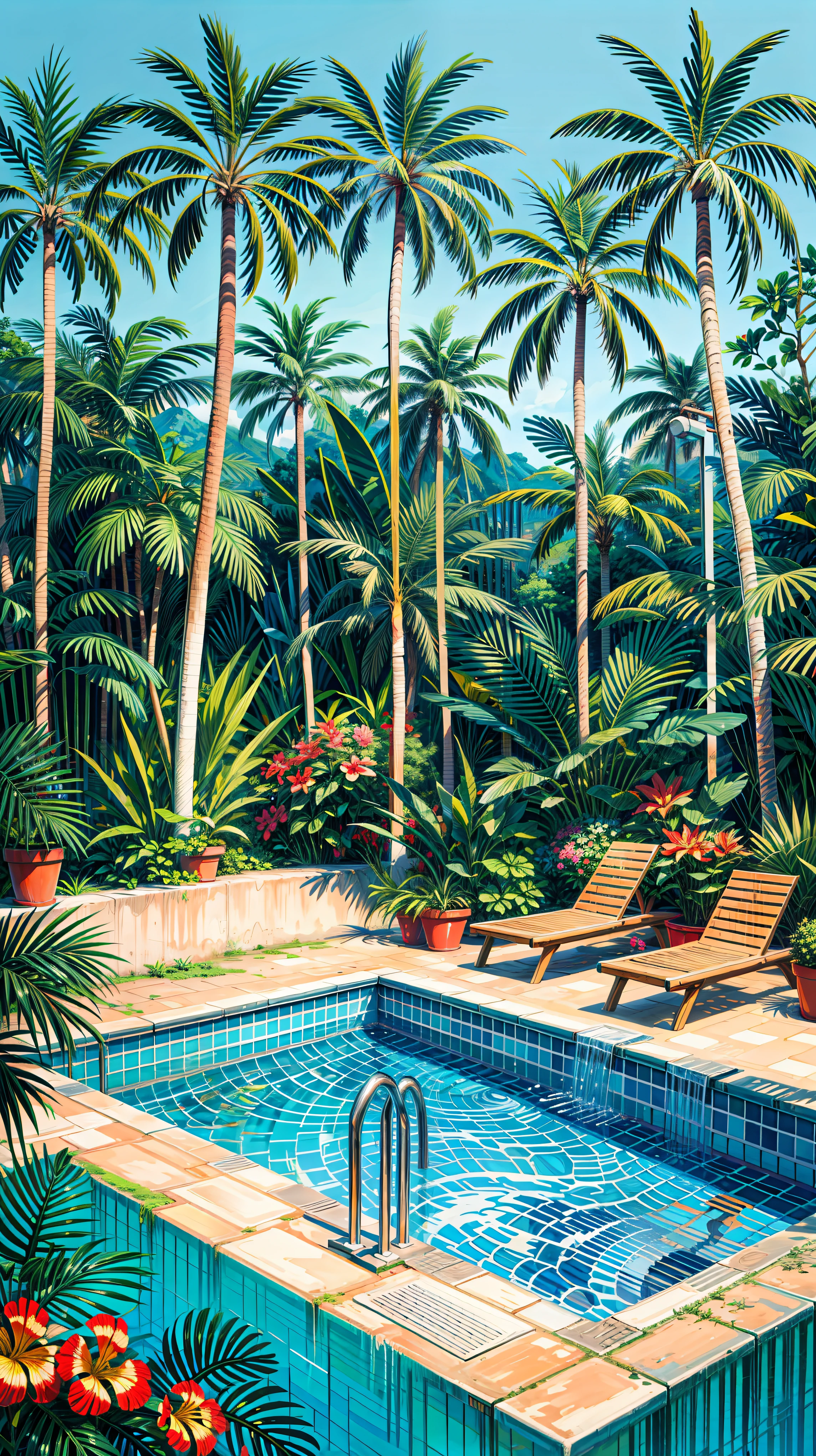 a painting of a swimming pool surrounded by palm trees, by Howard Arkley, by Hiroshi Nagai, by Edward Okuń, by John Wonnacott, by David Hockney, tropicalism, very detailed paradise, tropical setting, shusei nagaoka, hot and sunny highly-detailed, inspired by Howard Arkley, by Bob Thompson, tropical pool,  4k hd, beautiful art uhd 4 k, a beautiful artwork illustration, beautiful digital painting, highly detailed digital painting, beautiful digital artwork, detailed painting 4 k, very detailed digital painting, rich picturesque colors, gorgeous digital painting