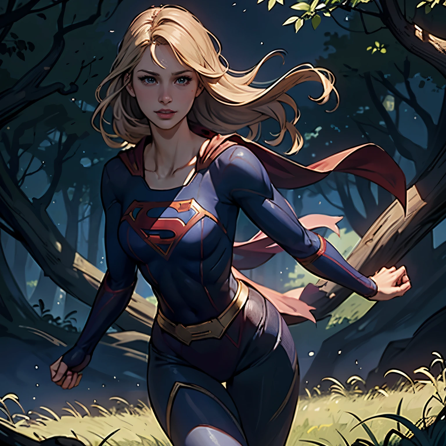 ((highest quality)), ((masterpiece)), (be familiar with), (High definition), (Realistic), (Realistic), (Best Shadow), Low contrast, (Complex:1.4), Side lighting, 8K, ((melissa Benoist)), ((SUPER GIRL)), Perfect Face、Detailed、(Accurate hand and finger depiction)、supergirl women、Blonde、Voluptuous body、((Large Breasts))、Narrow waist、Big Ass、Alluring、glamorous、((Bust Shot))、sweating、On the grass、in the deep forest、blue sky、((Chest up:1.2))