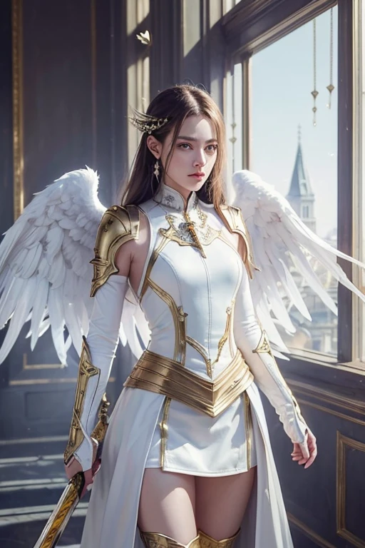 realistic, space,(master piece:1.8), (best quality:1.8), (exquisite lighting and shadow, highly dramatic picture, cinematic lens effect) (Photorealistic picture) (Card game image) 8k, wallpaper, looking at the viewer, dynamic pose, full body pale skin male centaur long gold hair, thin and tall fantasy centaur warrior wearing a futuristic dark blue large leather trench coat with silver metal industrial ornaments, white wings, too many wings, wings in shoulders, wings in waist, wings in back, wings in ears, long white leather boots, long white leather gauntlets, holding a white color sword and shield, serious look in the eyes, beautiful face, gold shiny sun set background, sanctuary in the sky at the distance, ethereal lightning, sharp focus
