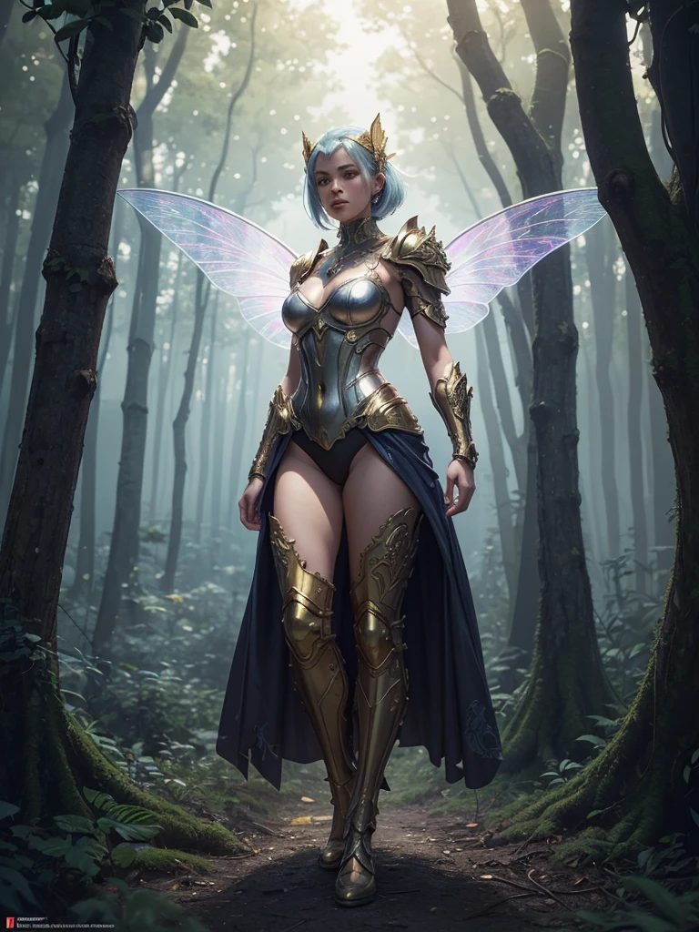 Cyberpunk fairy donning golden-silver full body armor with transparent diamond sheets wings, insanely detailed and intricate glowing vibrant mushroom forest in background, Alphonse Mucha Greg Rutkowski Studio Ghibli bad anatomy blurred, 3d render, cinematic, illustration