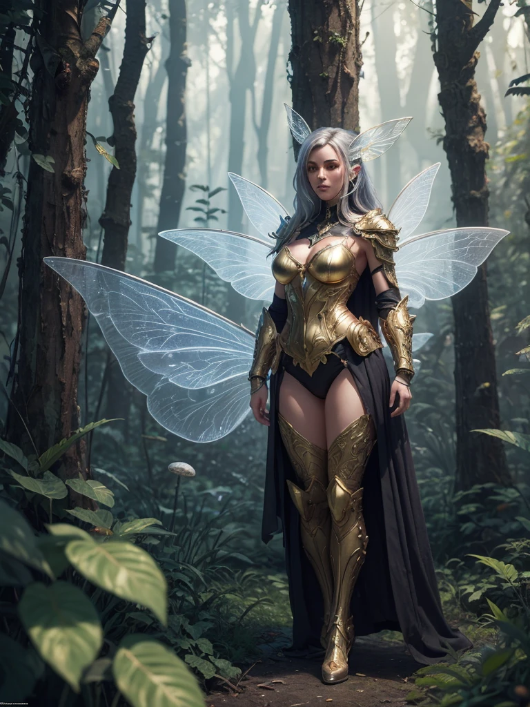 Cyberpunk fairy donning golden-silver full body armor with transparent diamond sheets wings, insanely detailed and intricate glowing vibrant mushroom forest in background, Alphonse Mucha Greg Rutkowski Studio Ghibli bad anatomy blurred, 3d render, cinematic, illustration