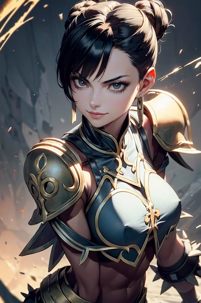 ,mulher jovem,short black hair , badass , full ancient armor,coxas torneadas,Evil Smile,juri han,chifres de cabelo,detalhes do corpo,low yellow lighting,raios de luz