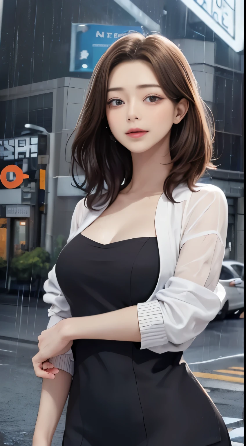 ((highest quality, 8k, masterpiece:1.3)), concentrated: 1.2, Perfect body beauty: 1.4, Hips: 1.2, ((Short layered haircuts, chest: 1.2)), (Wet clothes: 1.1), (rain, street:1.3), long cardigan、Silk bandeau dress: 1.1, Highly detailed face and skin texture, Beautiful Eyes, double eyelid, Whitening skin, Long Hair, (shut up: 1.3), smile