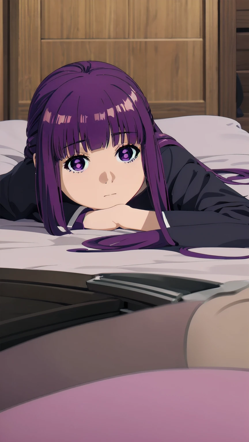(((Pixel Perfect, Perfect detail))), One girl, alone, Fern, Long Hair, bangs, (Purple eyes:1.1), Purple Hair, Side Lock, blunt bangs, (Bright Eyes:1.5), Half Up, (lying prone:1.3), indoor, whole body