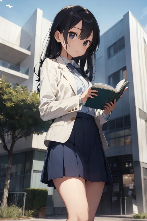Girl wearing dark blue skirt, white long-sleeved, and a blazer. Holding and reading a book. Butterflies everywhere. Green grass. Building at the back