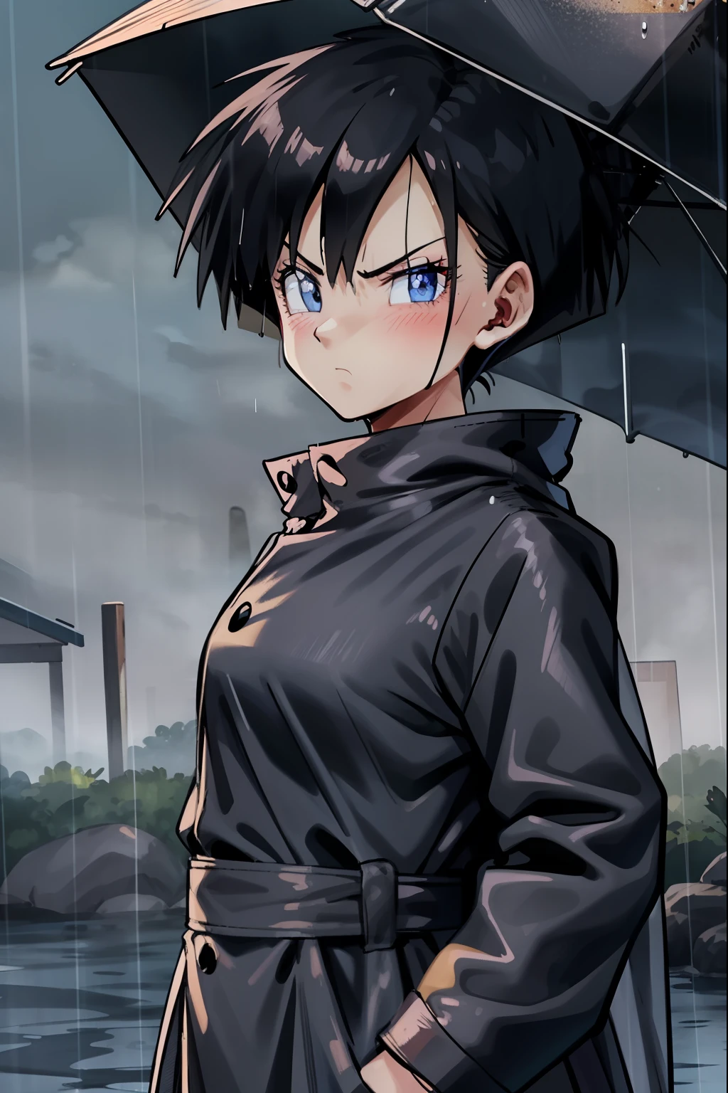 Videl,Long raincoat,Black Raincoat,California city,blush,Wet,Serious face,blue eyes,rain,fog,