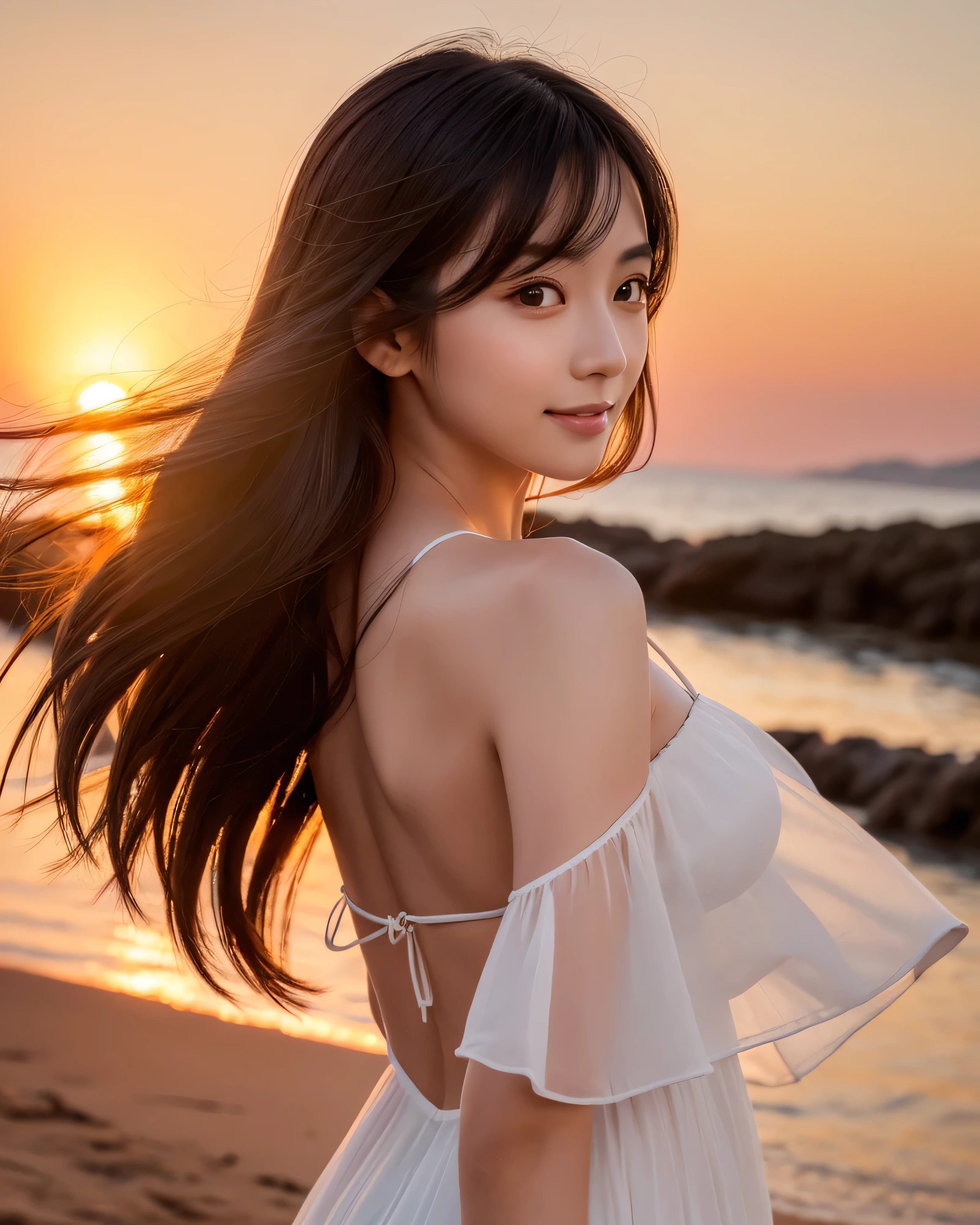 High resolution、masterpiece、Well-formed face、One Woman、The background is the beach、Full body photo、sunset、White dress、Big Breasts、Stretching oneself
