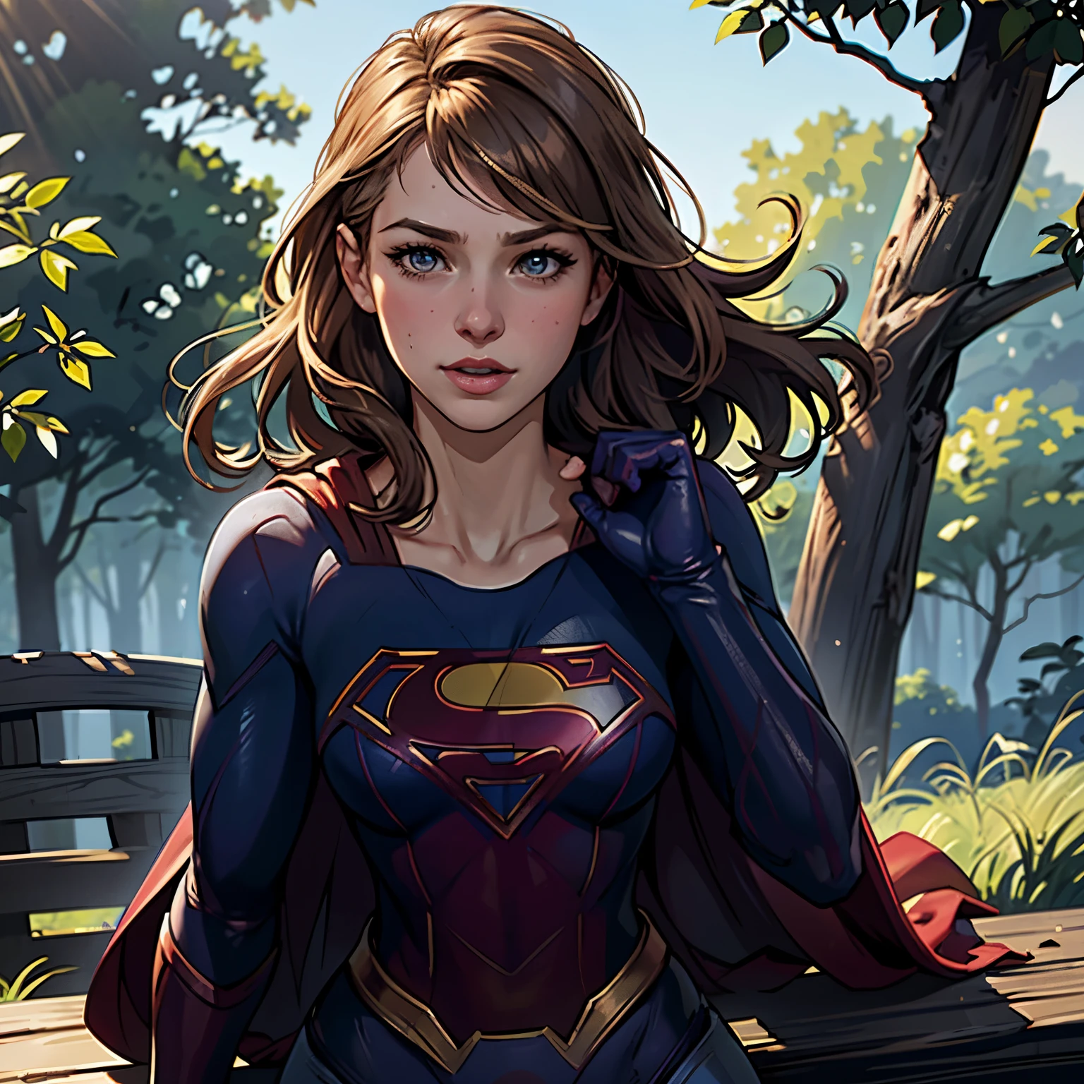 ((highest quality)), ((masterpiece)), (be familiar with), (High definition), (Realistic), (Realistic), (Best Shadow), Low contrast, (Complex:1.4), Side lighting, 8K, ((melissa Benoist)), ((SUPER GIRL)), Perfect Face、Detailed、(Accurate hand and finger depiction)、supergirl women、Blonde、Voluptuous body、((Large Breasts))、Narrow waist、Big Ass、Alluring、glamorous、((Bust Shot))、sweating、On the grass、in the deep forest、blue sky、((Chest up:1.2))