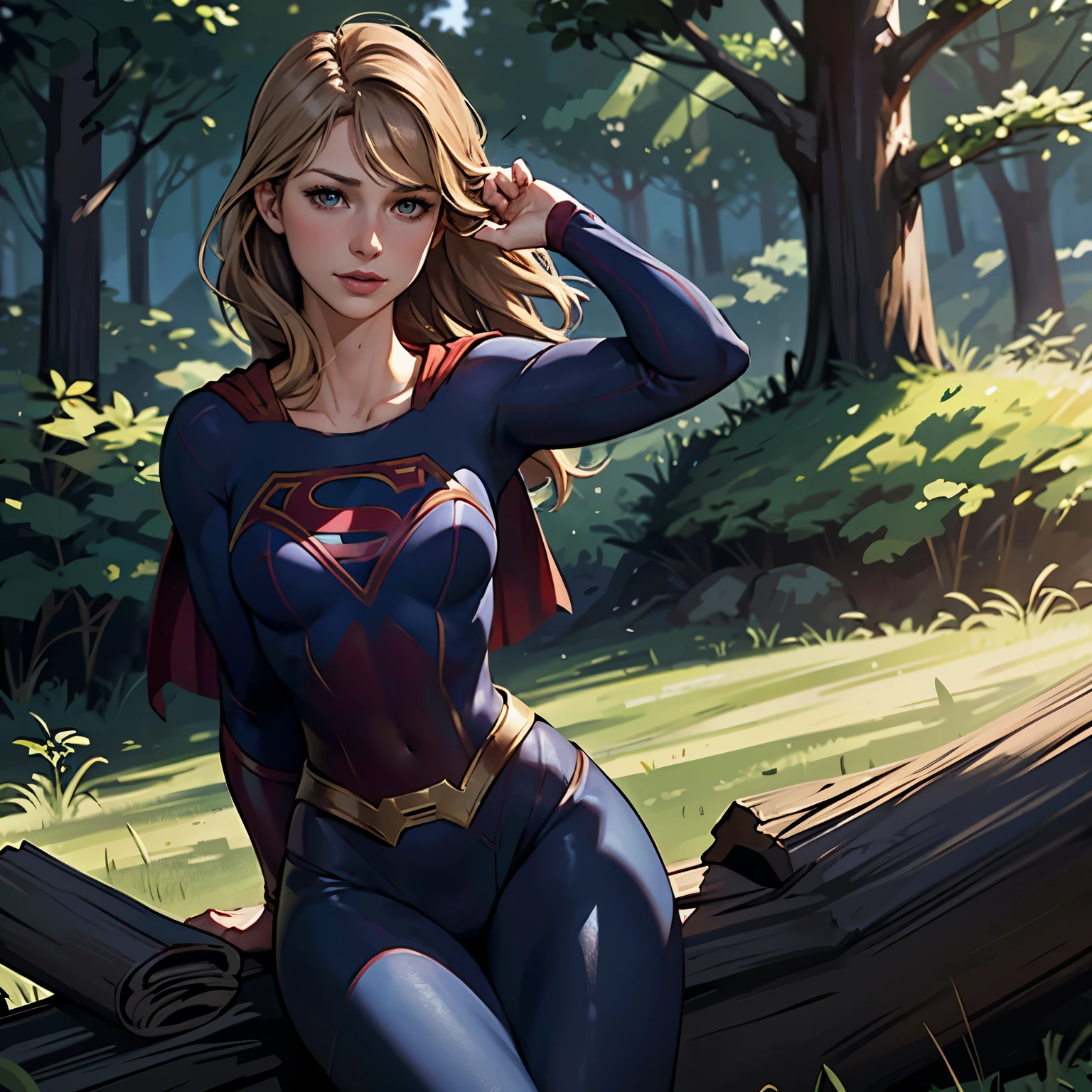 ((highest quality)), ((masterpiece)), (be familiar with), (High definition), (Realistic), (Realistic), (Best Shadow), Low contrast, (Complex:1.4), Side lighting, 8K, ((melissa Benoist)), ((SUPER GIRL)), Perfect Face、Detailed、(Accurate hand and finger depiction)、supergirl women、Blonde、Voluptuous body、((Large Breasts))、Narrow waist、Big Ass、Alluring、glamorous、((Bust Shot))、sweating、On the grass、in the deep forest、blue sky、((Chest up:1.2))