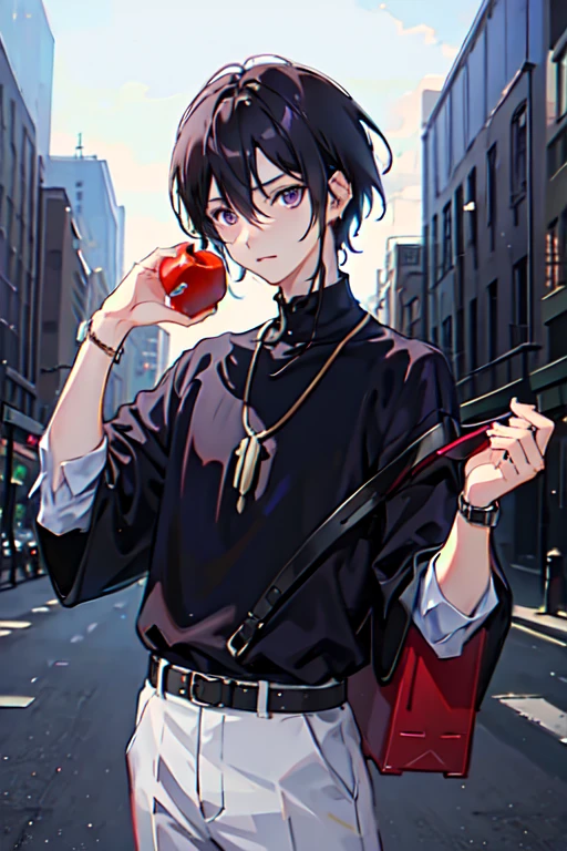 1boy, apple, bag, bangs, berry, black hair, black shirt, purple eyes, hair between eyes, jewelry, leaf, looking at viewer, male focus, butterfly necklace, pants, shirt, solo, watch, white pants, wristwatch, messy hair, trending on artstation, 8k resolution, highly detailed, anatomically correct, sharp image, digital painting, concept art, trending on pixiv, style of makoto shinkai,