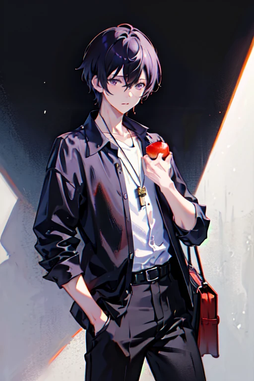 1boy, apple, bag, bangs, berry, black hair, black shirt, purple eyes, hair between eyes, jewelry, leaf, looking at viewer, male focus, butterfly necklace, pants, shirt, solo, watch, white pants, wristwatch, messy hair, trending on artstation, 8k resolution, highly detailed, anatomically correct, sharp image, digital painting, concept art, trending on pixiv, style of makoto shinkai,