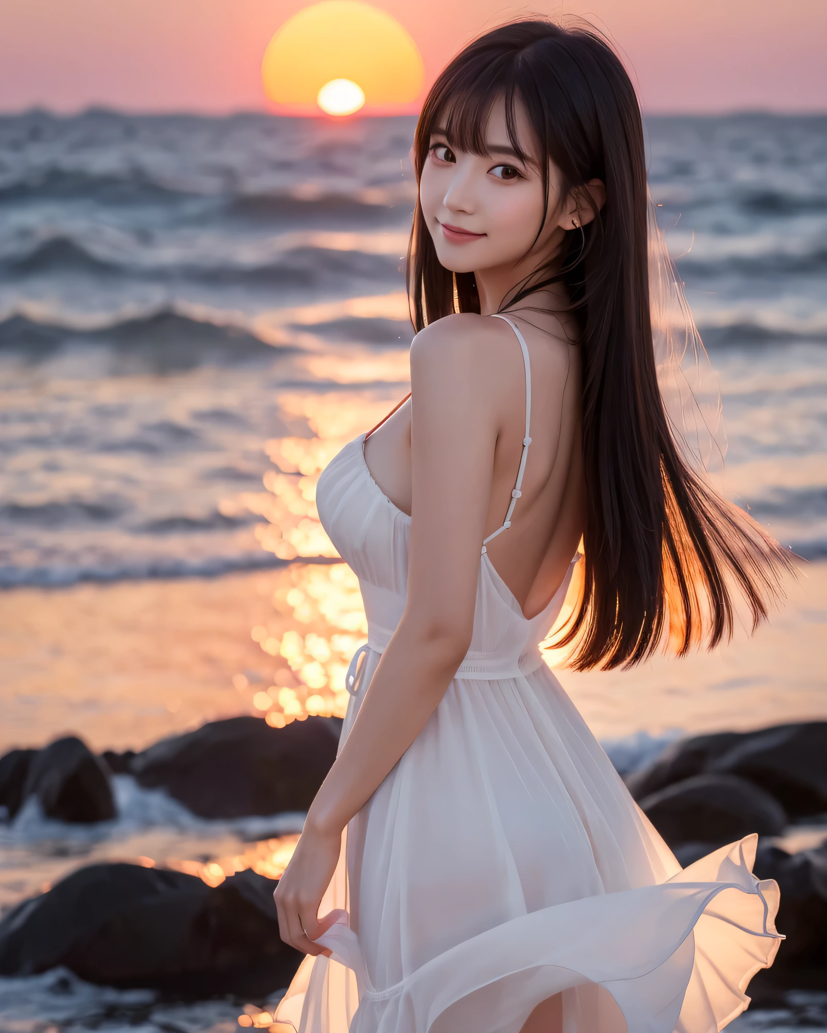 Anime girl with long black hair and blue eyes,Smooth anime CG art,Realistic anime 3 D style,Realistic anime art style,Detailed digital anime art,Digital anime illustration,Realistic anime art style,Kawaii realistic portrait,detailed portrait of an anime girl,a beautiful anime portrait,photorealistic anime girl rendering,Realistic young anime girl, portrait anime girl,shift dresses,Female broken flowers fluffy in runaway princess wind flying sleeves first love milk wearing summer dress,Smiling,Walk on the beach by the sea,Treading on the sea with bare feet,The setting sun is setting in the afterglow,Happy running