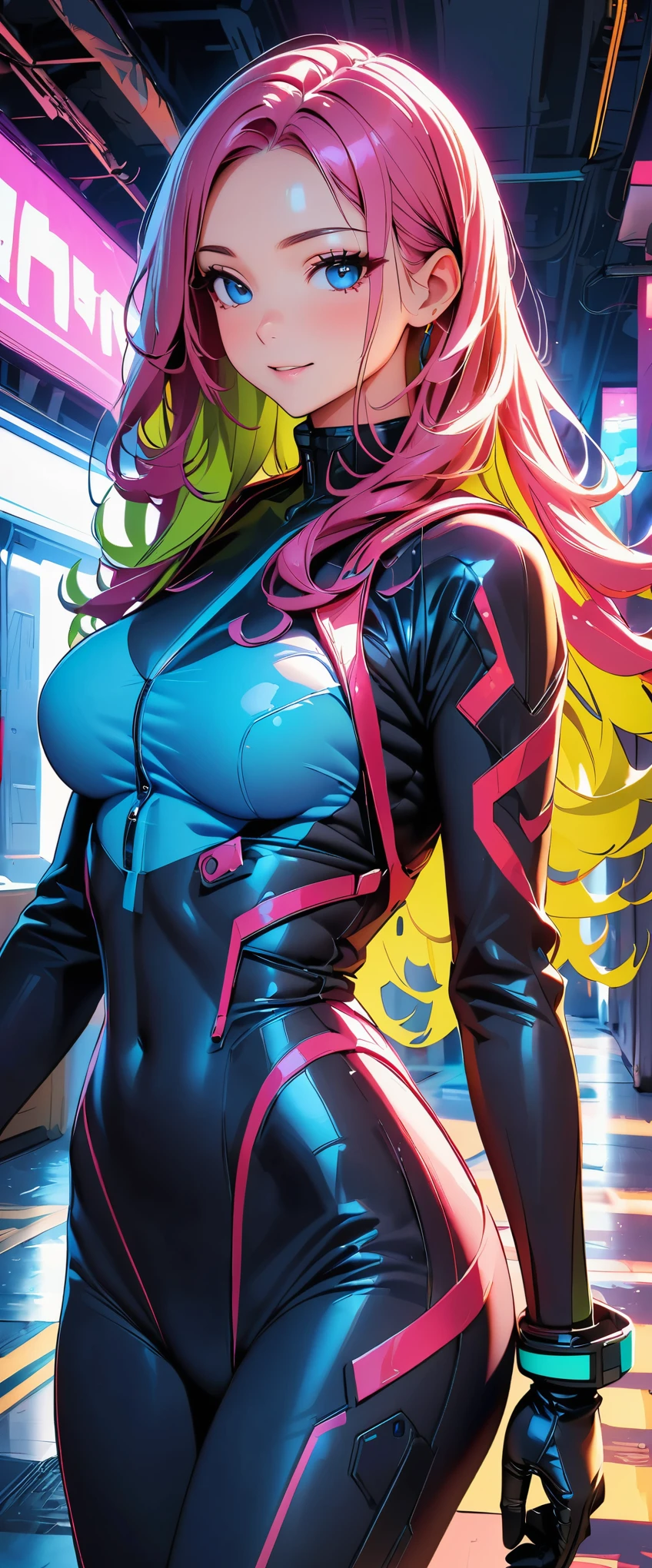 (highest quality:1.2, Very detailed, Latest, Vibrant, Super Detail, High Contrast, masterpiece:1.2, highest quality, Best aesthetics), cyberpunk suit,cyberpunk design,comic style,excellent body lines,well-equipped attire, amazing feminine silhouette, special operative, vibrant colors, immersive lighting