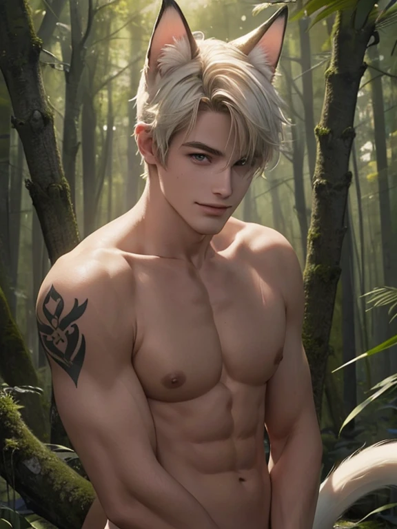 Full Body photorealistic 4k, high resolution, best quality, masterpiece, perfect color, perfect shade, perfect lighting, Posted by e621, ((portrait)), ((handsome man)), perfect male figure, Short hair details,Naked and nude torso,Detailed face, perfect face, (stood up), Detailed background, ((Bonifasco Lighting)), (delicate eyes),(animal ears:white cat),((big fluffy tail)),tattoo,((forest)),emaciated. Smiling
